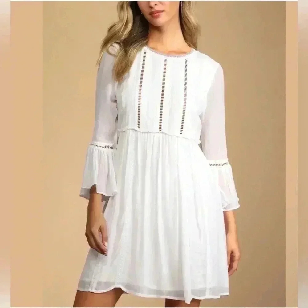Lulus In the Meadows White Crochet Lace Babydoll Embroidered Trim Dress XS - Picture 1 of 14